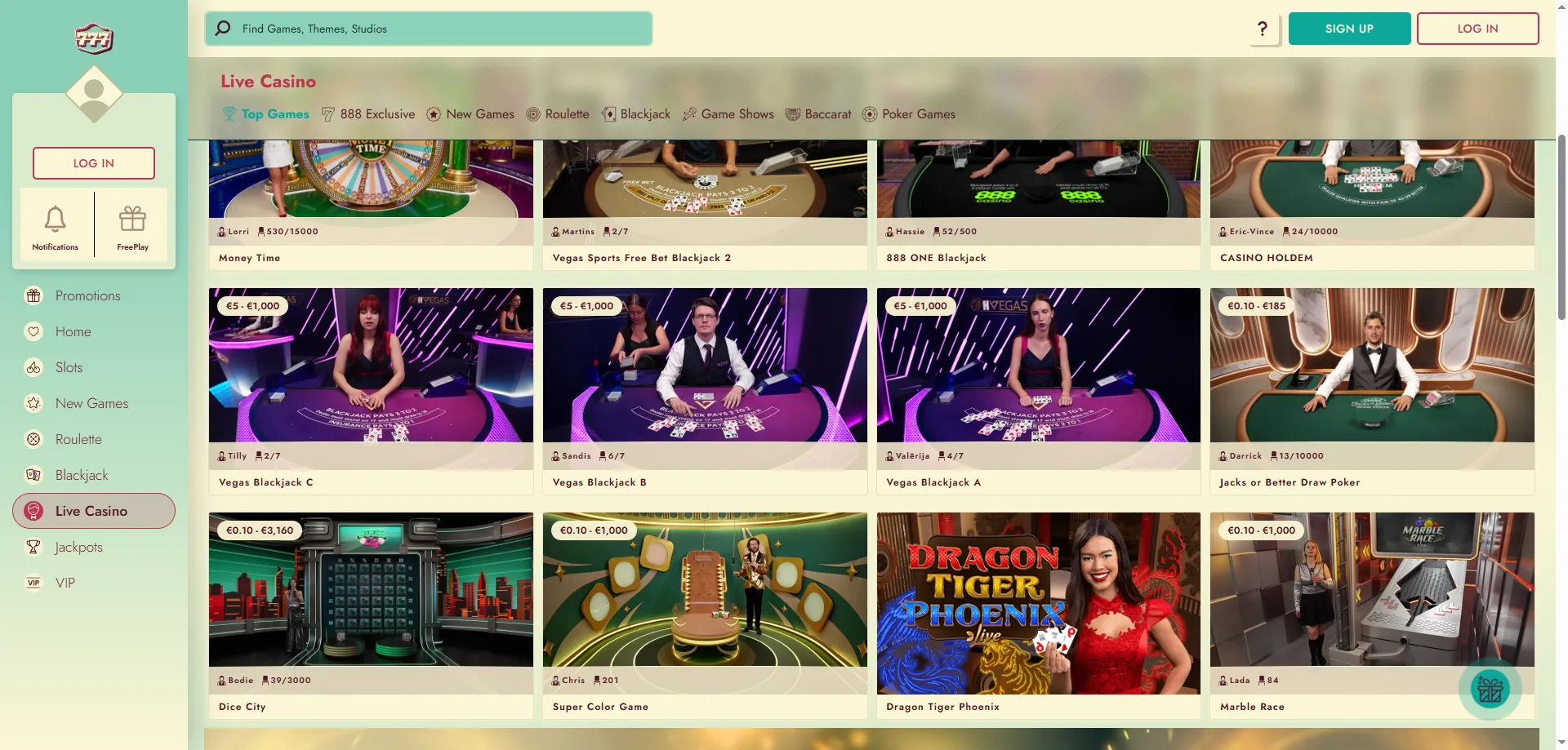 777 Casino live dealer tables — roulette, blackjack and baccarat